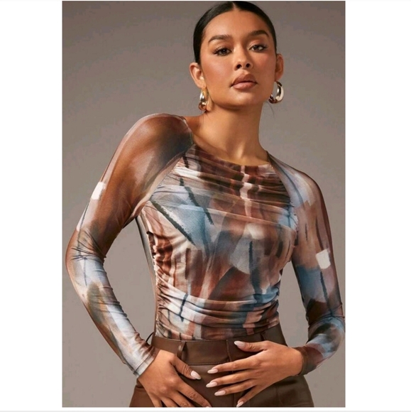 SHEIN BAE Brown and Blue Multi-Color Ruched Raglan Bodysuit Size L - Picture 3 of 15